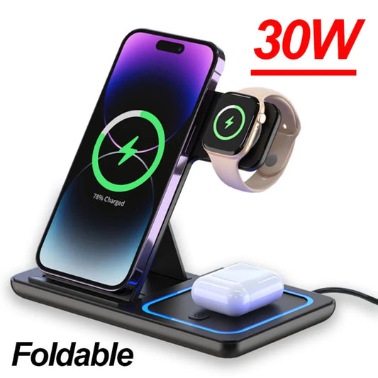 PowerHub™ 3-in-1 30W Foldable Wireless Charging Station – Fast Charger Dock for iPhone 16/15/14/13/12 Pro Max, Apple Watch  & AirPods