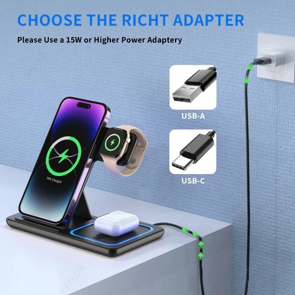 PowerHub™ 3-in-1 30W Foldable Wireless Charging Station – Fast Charger Dock for iPhone 16/15/14/13/12 Pro Max, Apple Watch  & AirPods